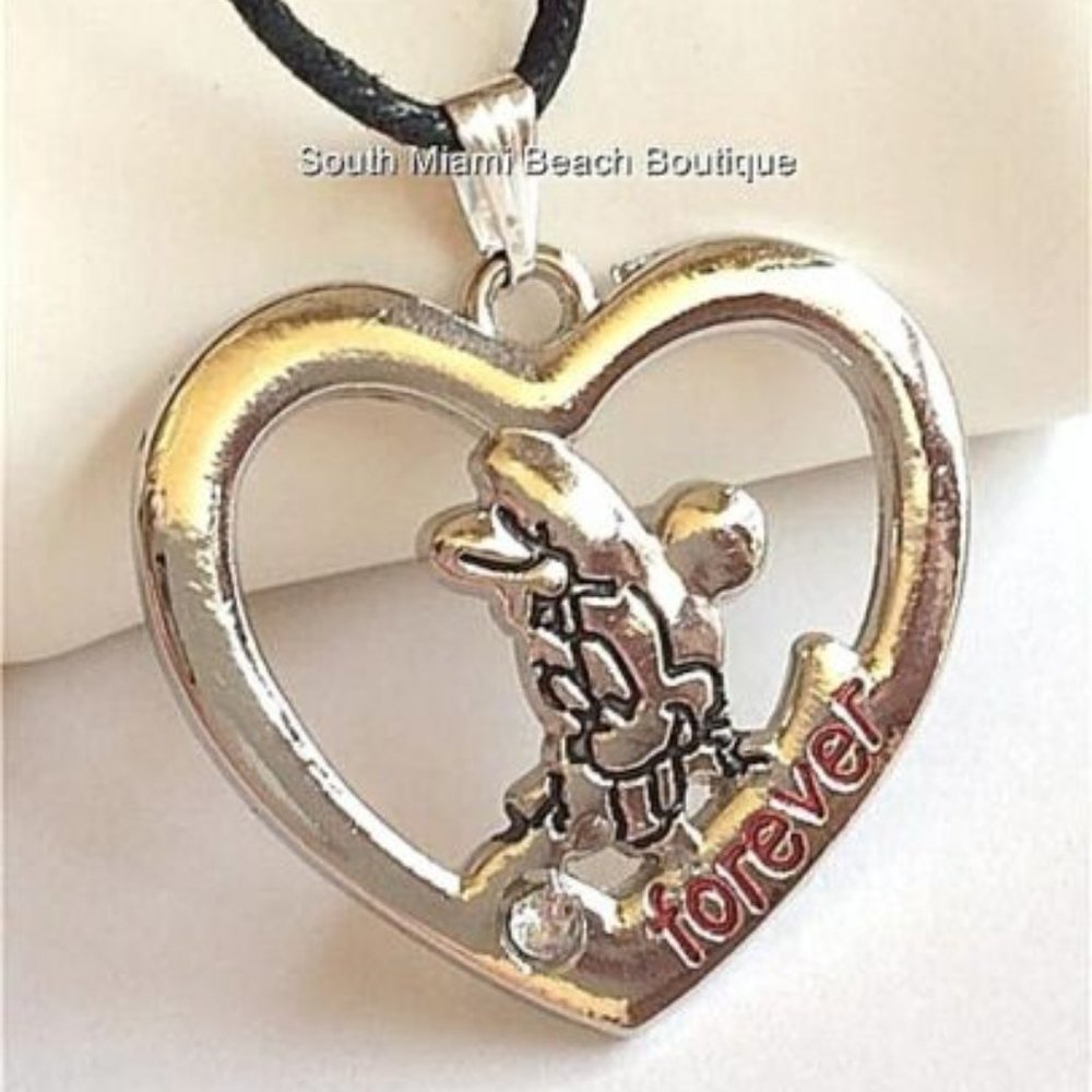 Disney Minnie Mouse Crystal Heart Necklace Black Cord Silver Plated